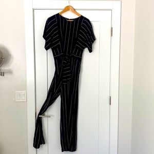 J crew romper pantsuit almost pinstripes. Ties at waist to cinch size 4